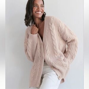 Jenni Kayne Blush Beige Cable Cocoon Cardigan Large Button Alpaca Wool Blend